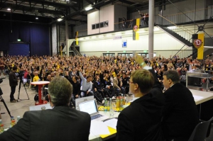 Handzeichen der Mitglieder fuer die Satzungsaenderung; AOMV der SG Dynamo Dresden in der Messe Dresden am 24. Mai 2008; Foto: Dehli-News 